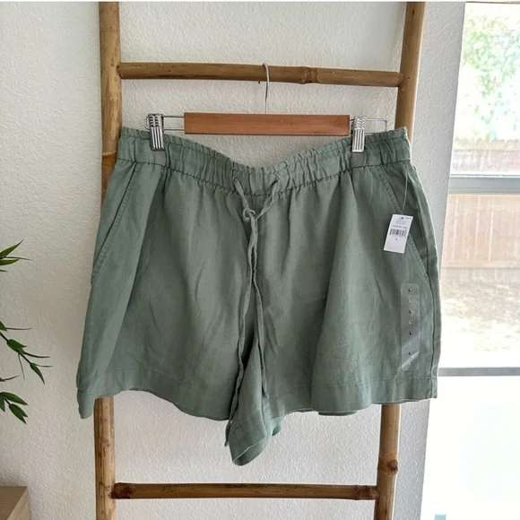 Gap || Large Sage Green Linen Blend Drawstring Pull On Shorts - Picture 3 of 5